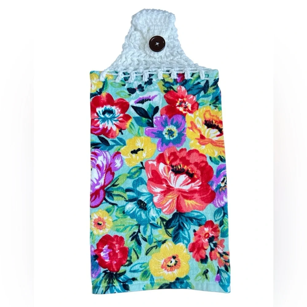 Hand Crafted Colorful Floral Hanging Kitchen Hand Towel with Button Closure